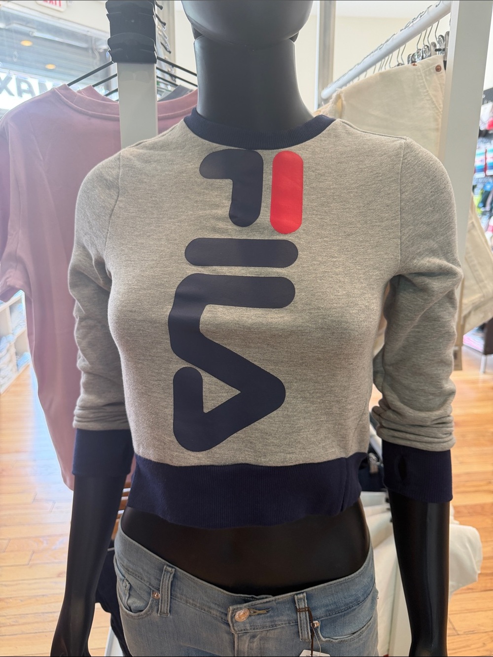 Fila Grey Cropped Sweatshirt with Navy & Red Logo